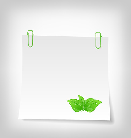 Illustration blank note paper with green leaves, isolated on white background - vectorのイラスト素材