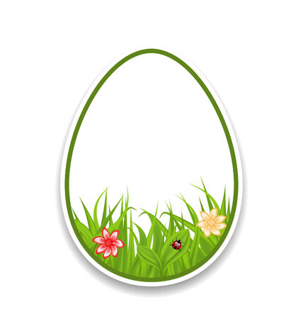 Illustration Easter paper sticker eggs with green grass and flowers - vectorのイラスト素材