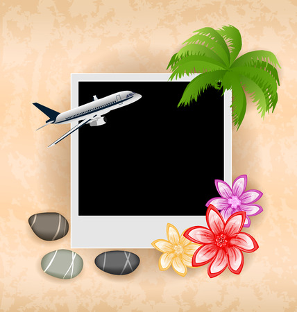 Illustration photo frame with plane, palm, flowers, sea pebbles - vectorのイラスト素材