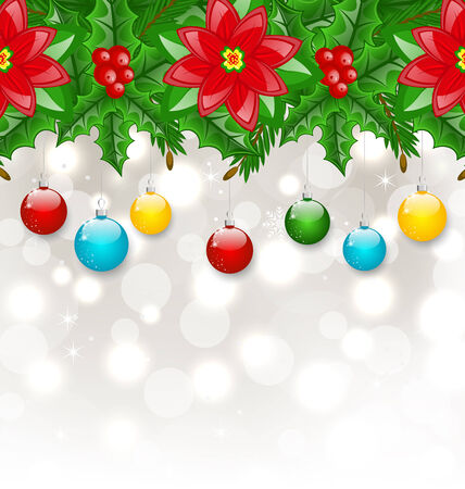 Illustration Christmas background with balls, holly berry, pine and poinsettia - vectorのイラスト素材