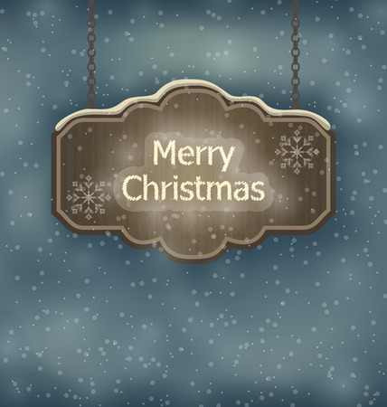 Illustration Merry Christmas wooden board, night holiday background - vectorのイラスト素材