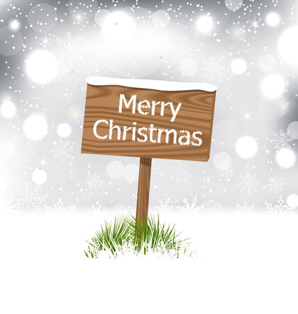Illustration snow covered wooden billboard, Christmas snowflakes background - vectorのイラスト素材