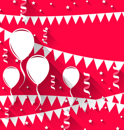 Illustration happy birthday background with balloons and hanging pennants, trendy flat style - vectorのイラスト素材