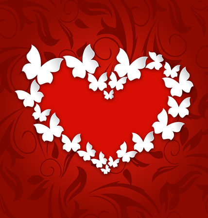 Illustration cute postcard with heart made in paper butterflies for Valentine Day, copy space for your text - vectorのイラスト素材