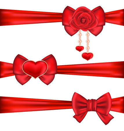 Illustration set red gift bows ribbons with rose and heart, isolated on white background - vectorのイラスト素材