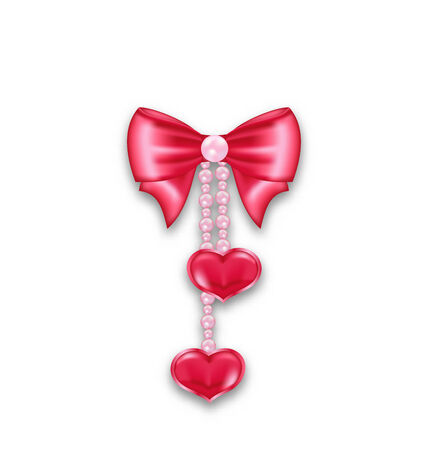 Illustration pink gift bow ribbon with heart hanging on pearls, isolated on white background - vectorのイラスト素材