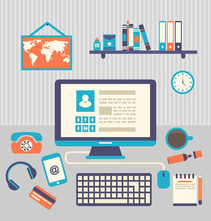 Illustration flat design of modern creative office workspace with computer - vectorのイラスト素材