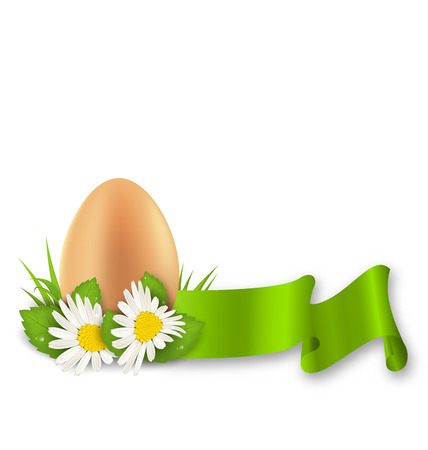 Illustration traditional Easter egg with flowers daisy, grass and ribbon, copy space for your text - vectorのイラスト素材