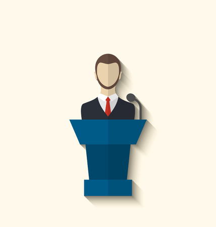 Illustration flat icon of orator speaking from rostrum, long shadow style - vectorのイラスト素材