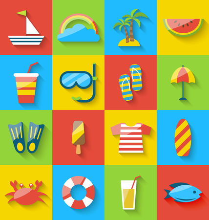 Illustration flat icons of holiday journey, summer symbols, sea leisure, colorful minimalist icons with long shadow - vectorのイラスト素材