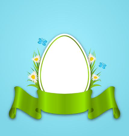 Illustration Easter paper egg with flowers daisy, grass, butterfly and ribbon, copy space for your text - vectorのイラスト素材
