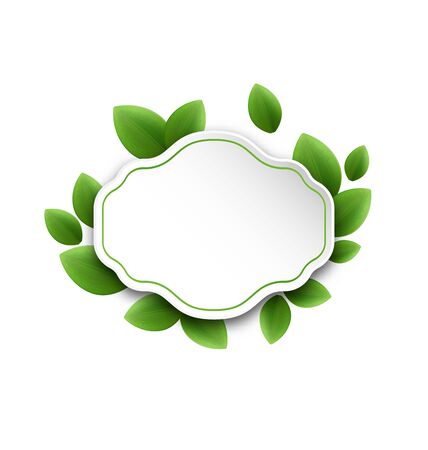Illustration abstract label with eco green leaves, isolated on white background - vectorのイラスト素材