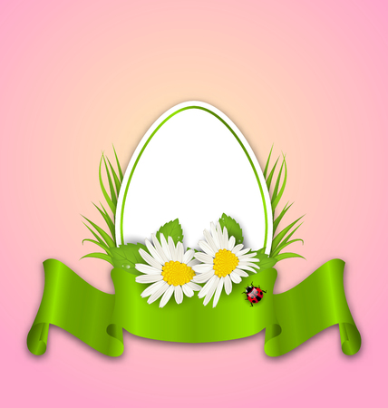Illustration Easter paper egg with flowers daisy, grass, butterfly and ribbon - vectorのイラスト素材