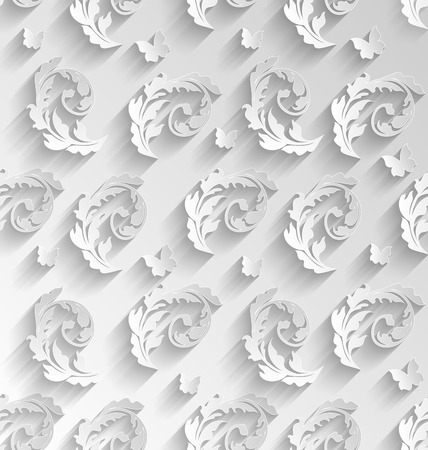 Illustration Paper Cut Seamless Pattern with Floral Elements and Butterflies, Elements with Shadows - Vectorのイラスト素材
