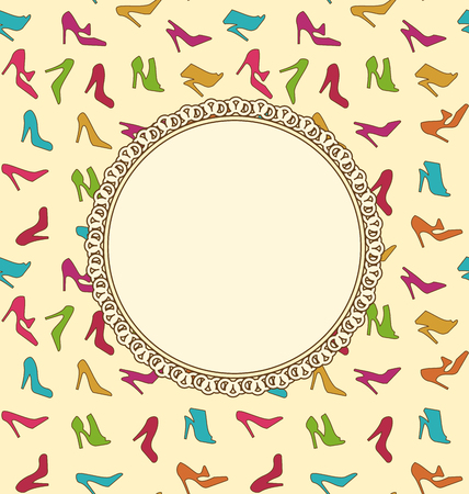 Illustration Greeting Card or Invitation with Women Shoes. Seamless Texture of Fashion Heeled - Vectorのイラスト素材