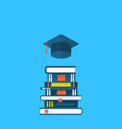 Illustration flat icons of graduation cap and  heap textbooksの写真素材