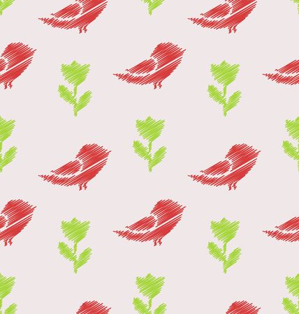 Illustration Floral Seamless Pattern with Abstract Birds and Flowers, Vintage Background - Vectorの写真素材