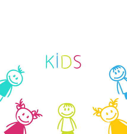 Illustration Hand-drawn Cute Funny Kids, Colorful Girls and Boys - Vectorのイラスト素材