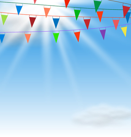 Illustration Multicolored Buntings Flags Garlands in Blue Sky - Vectorのイラスト素材