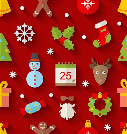 Illustration Seamless Pattern with Christmas Colorful Objects and Elements with Long Shadows - Vectorのイラスト素材