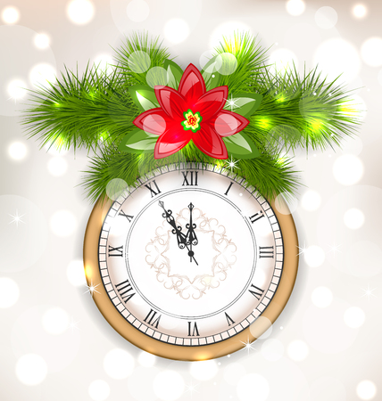 Illustration New Year Midnight Background with Clock, Fir Twigs and Poinsettia Flower - Vectorのイラスト素材