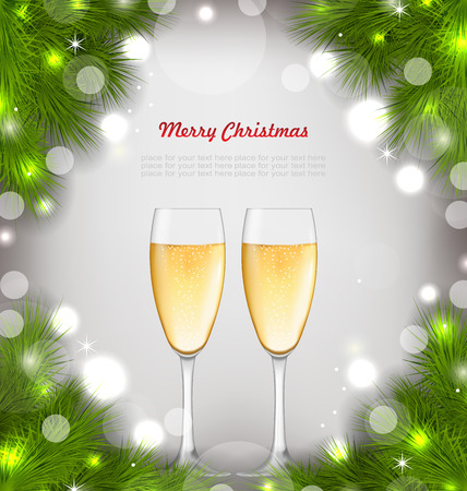 Illustration Merry Christmas Background with Glasses of Champagne and Fir Branches - Vectorのイラスト素材