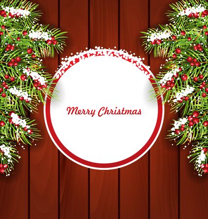 Illustration Holiday Card on Wooden Background with Fir Branches, Winter Decoration - Vectorのイラスト素材