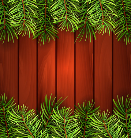 Illustration Holiday Wooden Background with Fir Branches, Copy Space for Your Text - Vectorのイラスト素材