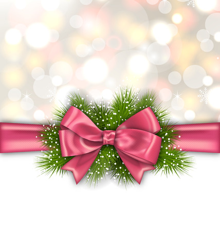 Illustration Winter Elegant Background with Pink Bow Ribbon and Green Pine Branches - Vectorのイラスト素材