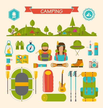 Illustration Set of Camping and Hiking Equipment, Outdoors Adventure, Recreation Tourism, Colorful Symbols and Flat Icons Isolated - rasterの写真素材