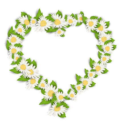 Illustration Daisy Flowers in Form Heart Isolated on White Background. Spring Nature Card - Vectorのイラスト素材