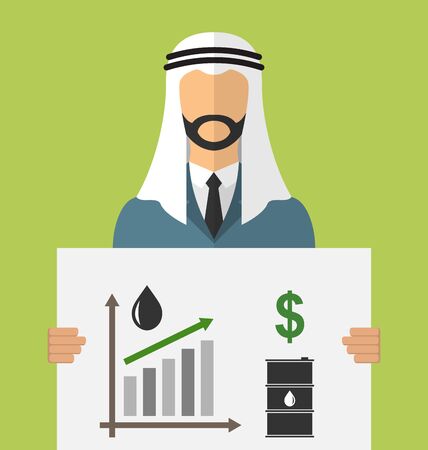 Illustration Arabic Businessman Holding Banner with Graphic of Oil Prices Up, Black Barrels, Dollars and Growth Chart - Vectorのイラスト素材