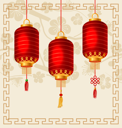 Illustration Background in Oriental Style with Chinese Lanterns. Ornamental Frameのイラスト素材