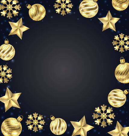 Illustration Christmas Frame of Golden Balls, Stars, Snowflakes. Glitter Background - Vectorのイラスト素材