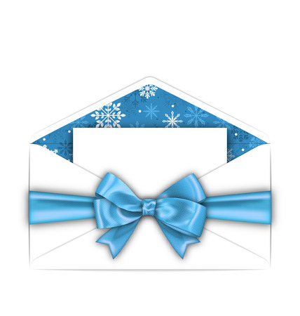 Illustration Envelope with Greeting Card and Blue Bow Ribbon for Winter Holidays. White Letter Isolated on White Background - Vectorのイラスト素材