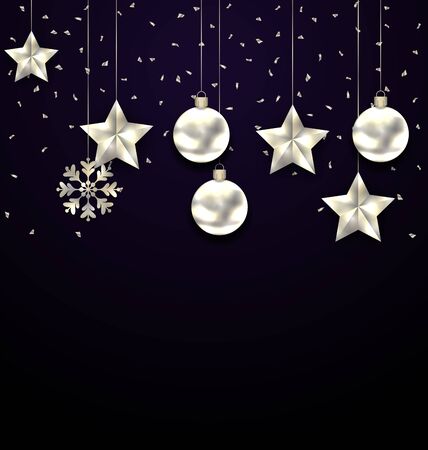 Illustration Christmas Dark Background with Silver Balls, Stars and Snowflakes. Confetti Banner - Vectorのイラスト素材