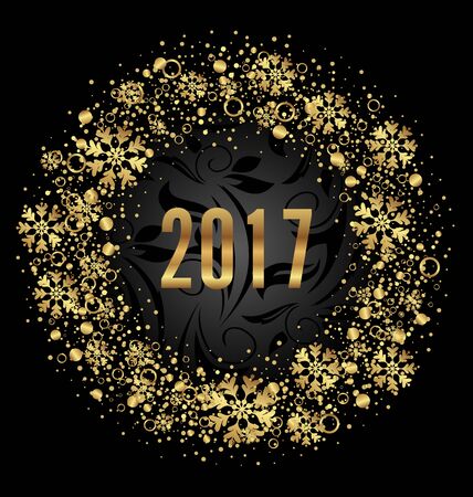 Illustration Cute Round Frame with Golden Snowflakes on Black Background for Happy New Year 2017 - Vectorのイラスト素材