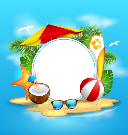 Summer Background with Sea, Island, Beach, Umbrellaのイラスト素材