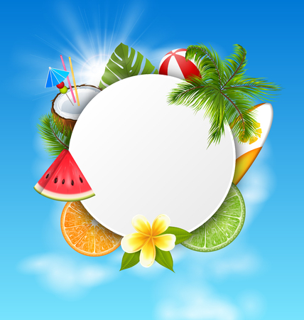 Clean Card with Coconut Cocktail, Slice Watermelon, Orange Fruit, Palm Leavesのイラスト素材