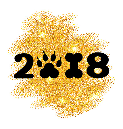 New Year 2018 with Symbol Dog Paw Print and Bone Shape, Glitter Surfaceのイラスト素材