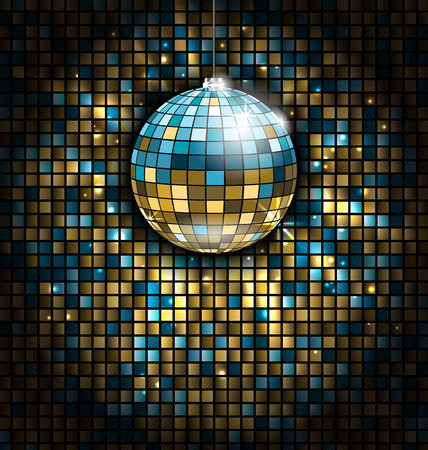 Golden Blue Disco Ball with Light Rays on Mosaic Glitter Background - vector illustrationのイラスト素材