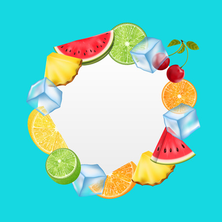 Round Fruit Frame with Ice Cubes, Pineapple, Watermelon, Cherry, Orange,のイラスト素材