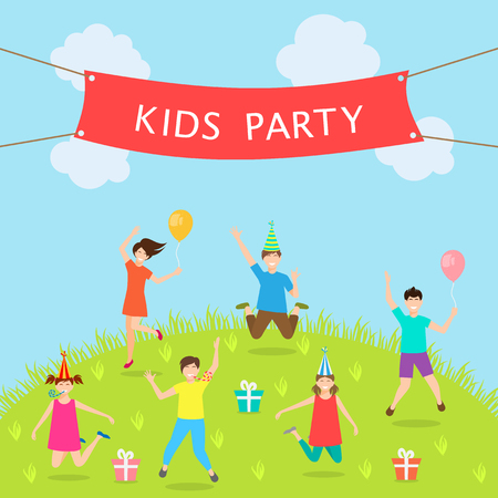 Children Have Fun Party. Leisure and Entertainment. Amusement Park. Active Kids Jumping - Illustration Vectorのイラスト素材