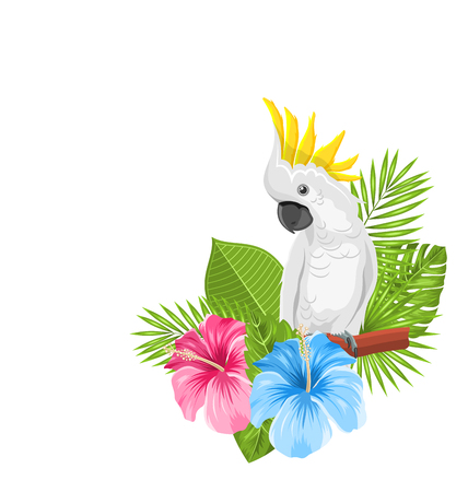 Parrot White Cockatoo with Colorful Exotic Flowers Blossom and Tropical Leaves, Isolated on White Background - Illustration Vectorのイラスト素材