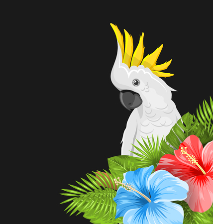 Parrot White Cockatoo with Colorful Hibiscus Flowers Blossom and Tropical Leaves, Exotic Background - Illustration Vectorのイラスト素材