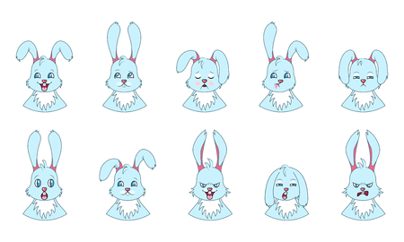 Heads of Rabbit with Different Emotions - Smiling, Sad, Anger, Aggression, Drowsiness, Fatigue, Malice, Fearの写真素材