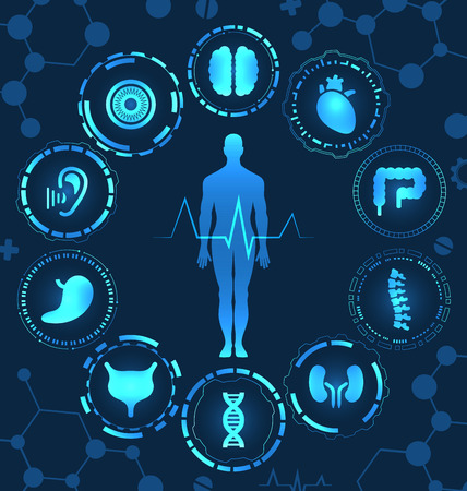 Medical Health Care, Human Organs, Virtual Body Hi Tech Diagnostic Panel, Medicine, Clinic Researchers - Illustration の写真素材