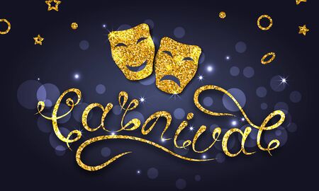 Happy Carnival Festive Postcard, Golden Theater Masks, Glitter Posterのイラスト素材