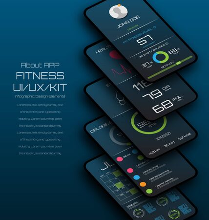Different UI, UX, GUI Screens Fitness App. Mock Up Mobile App, Analysis - Illustration Vectorのイラスト素材