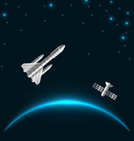 Space Rocket Launch, Cosmos Starry Background with Space Shuttle - Illustration Vectorのイラスト素材
